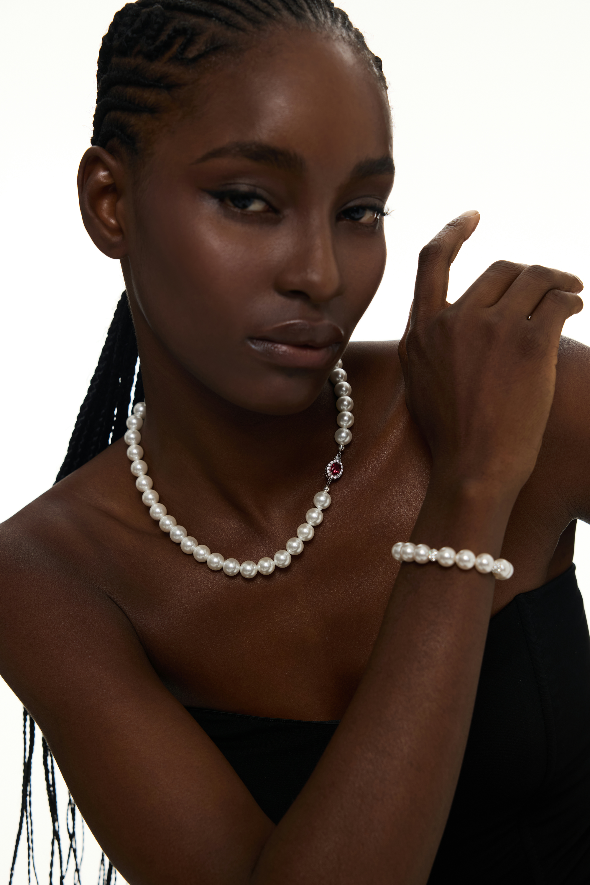 Classic Pearl Necklace with Ruby Accent Clasp