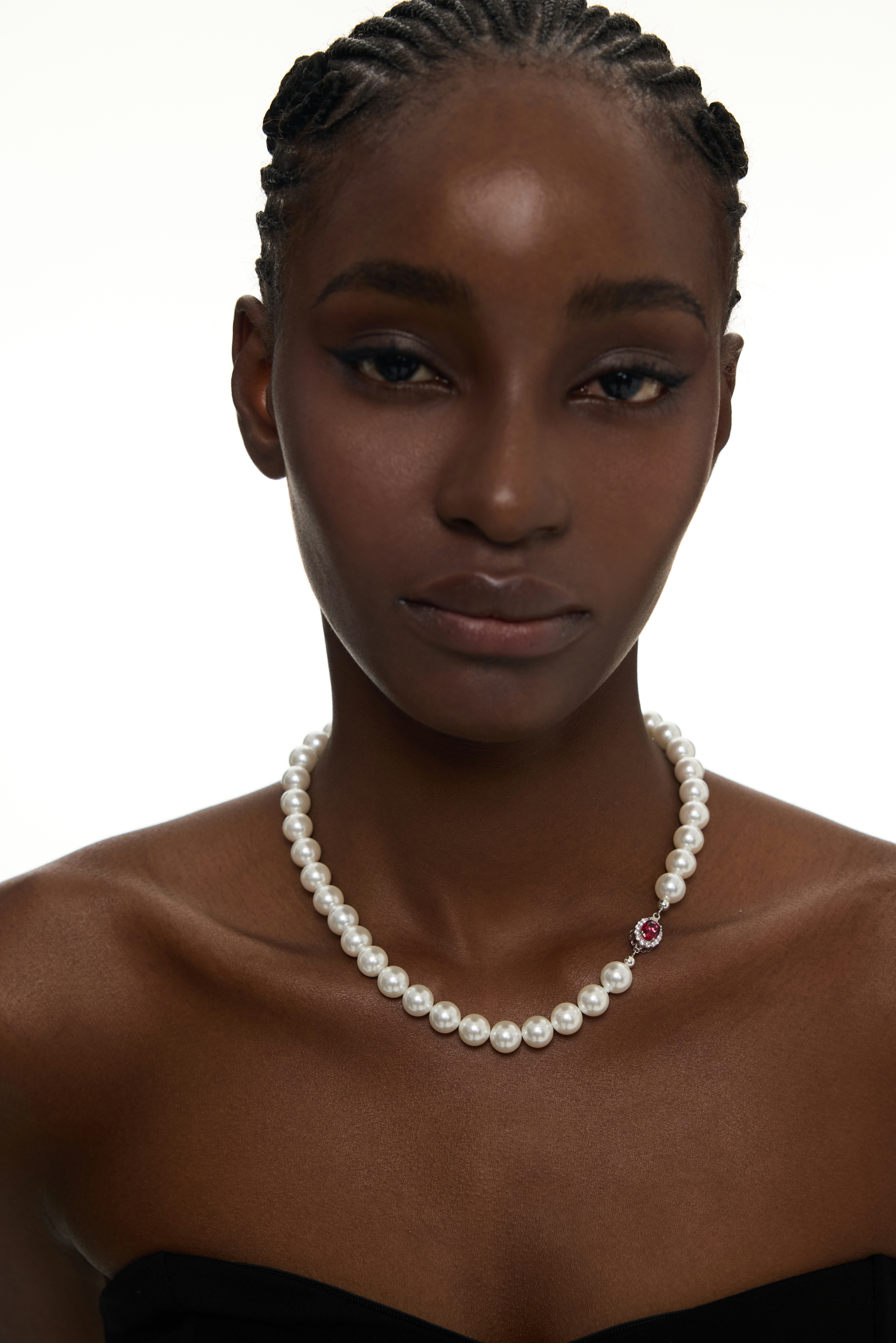 Classic Pearl Necklace with Ruby Accent Clasp