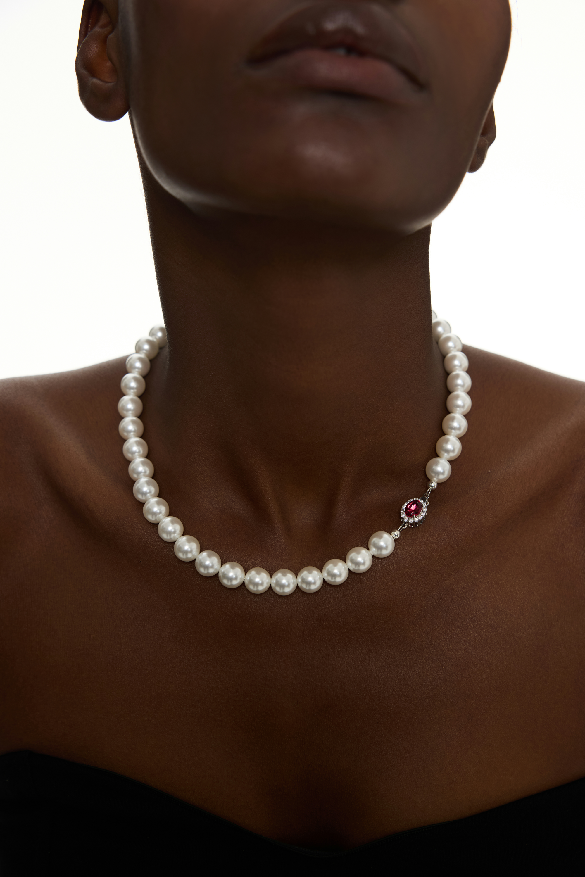 Classic Pearl Necklace with Ruby Accent Clasp