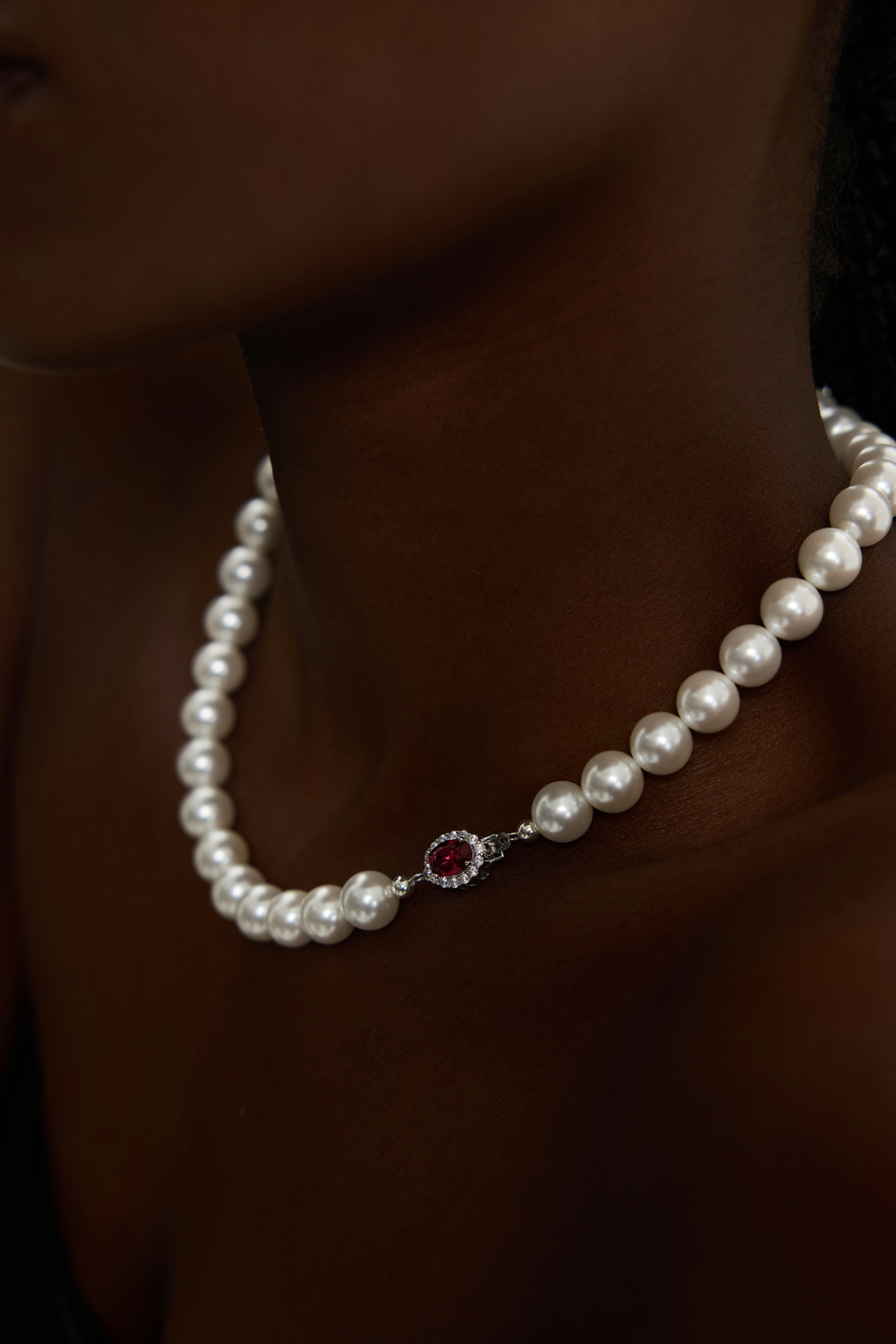 Classic Pearl Necklace with Ruby Accent Clasp