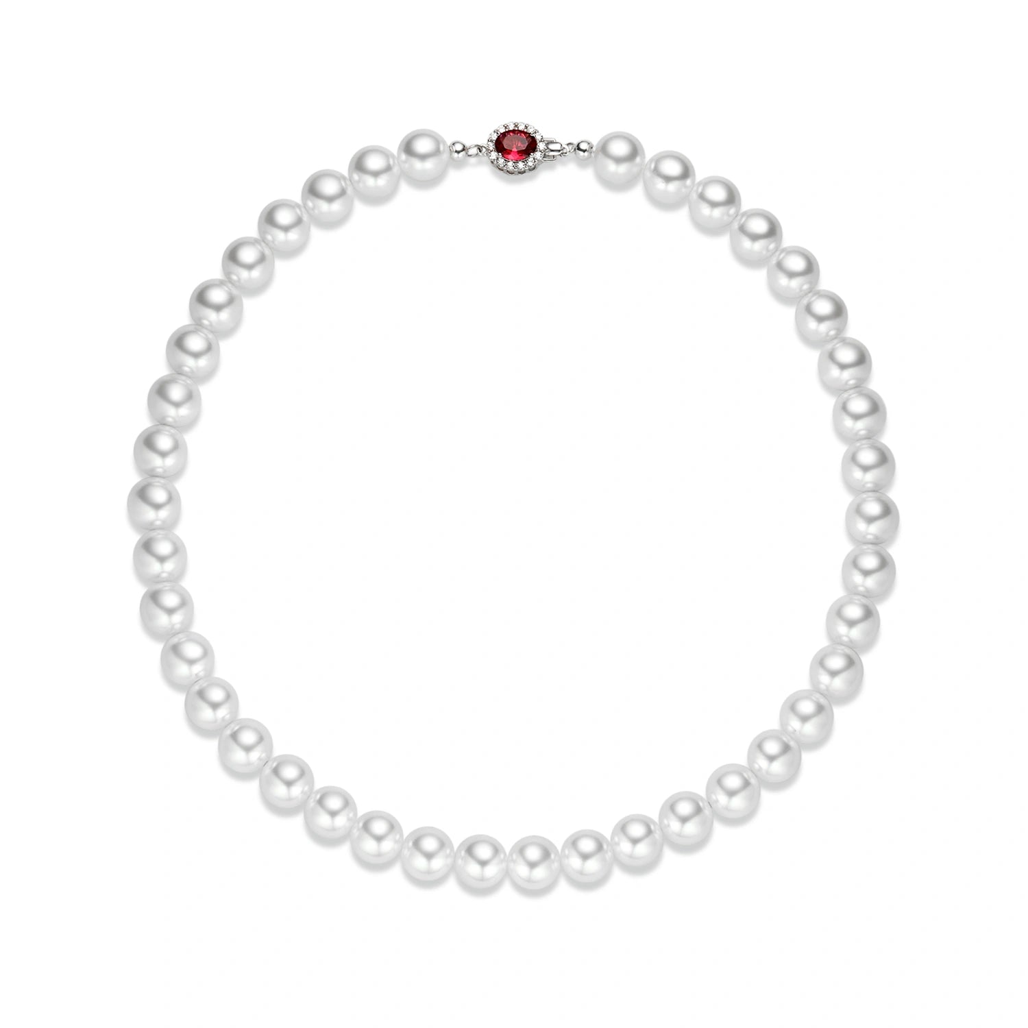 Classic Pearl Necklace with Ruby Accent Clasp