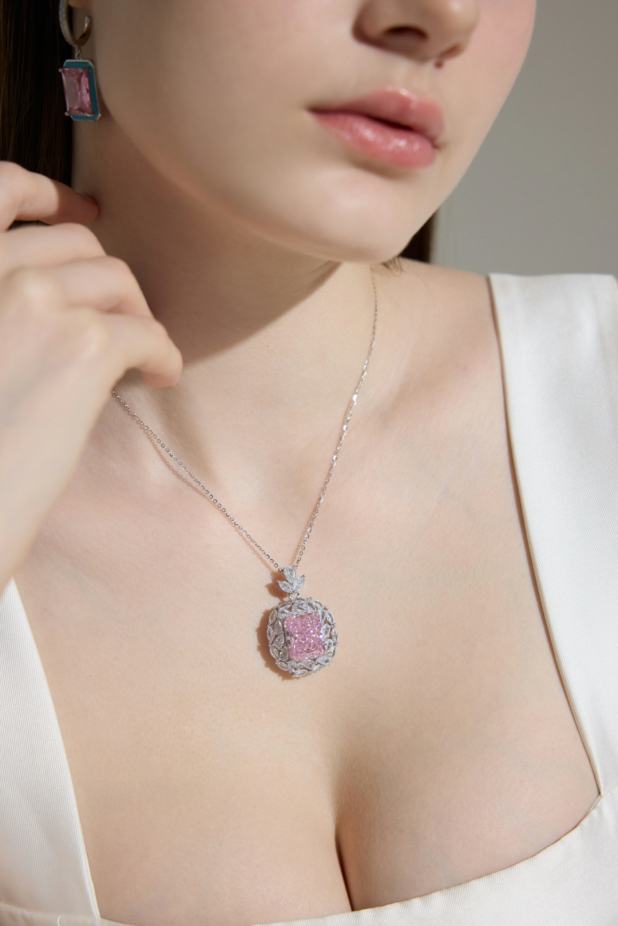 Pink Gemstone Crystal Halo Pendant Necklace