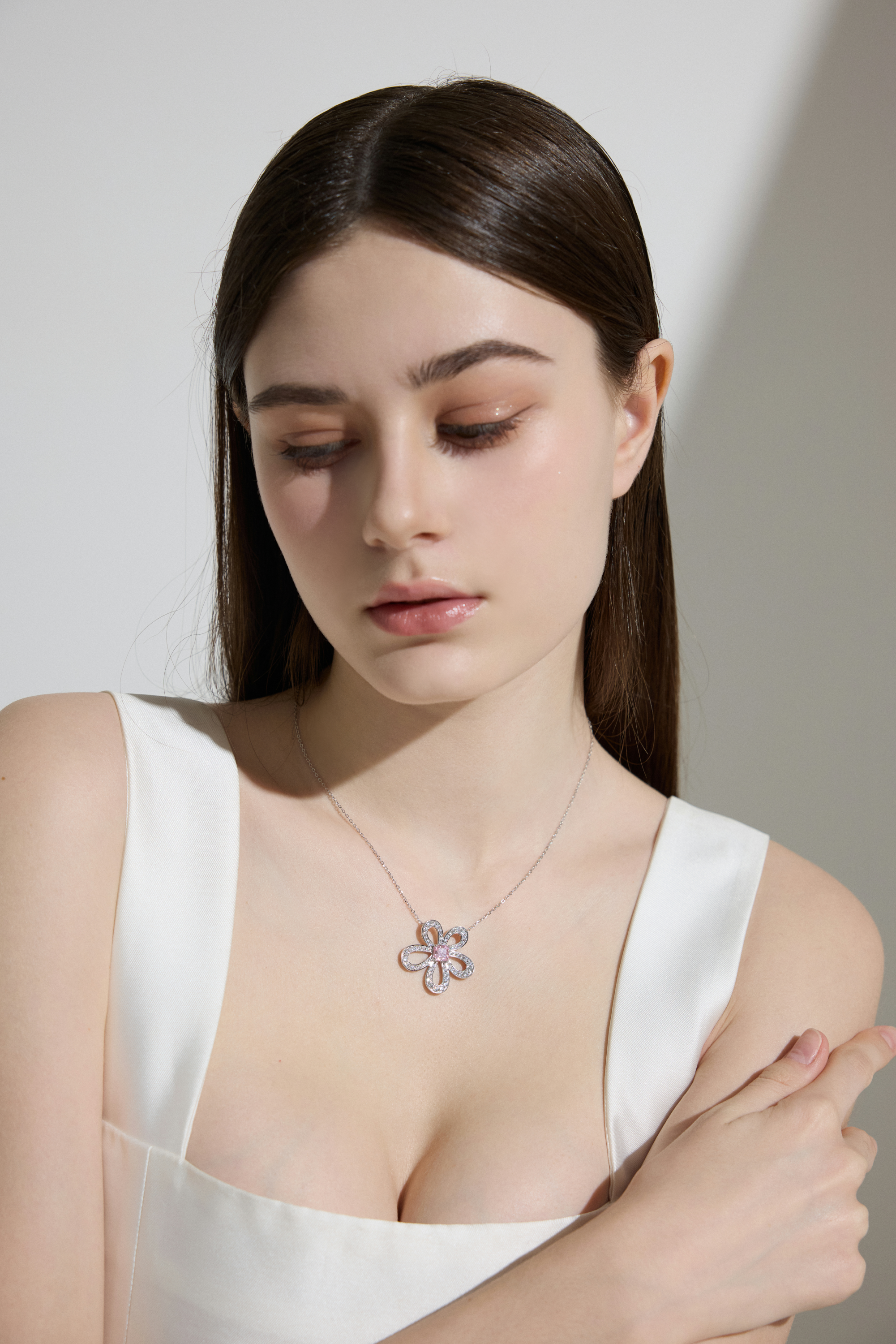 Pink Crystal Flower Pendant Necklace