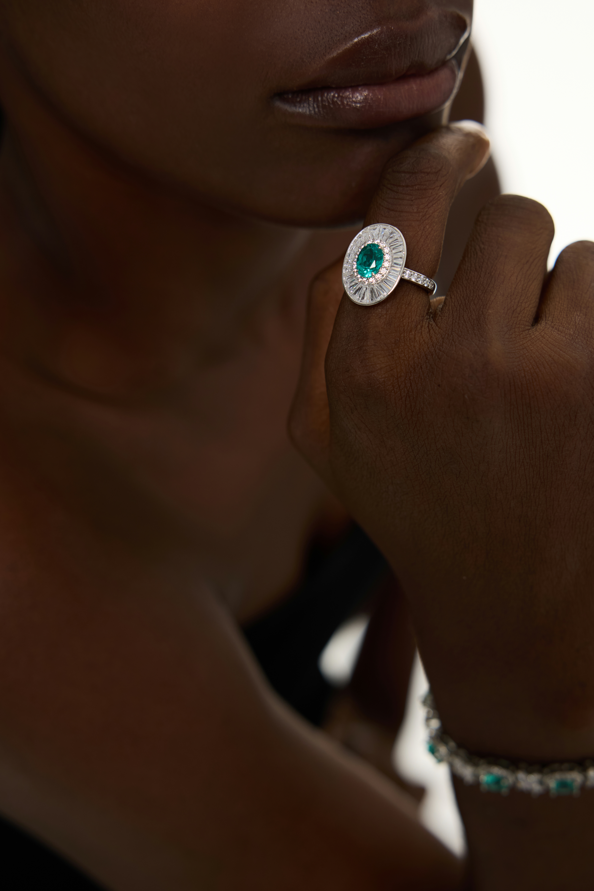 Oval Green Crystal Accents Halo Ring