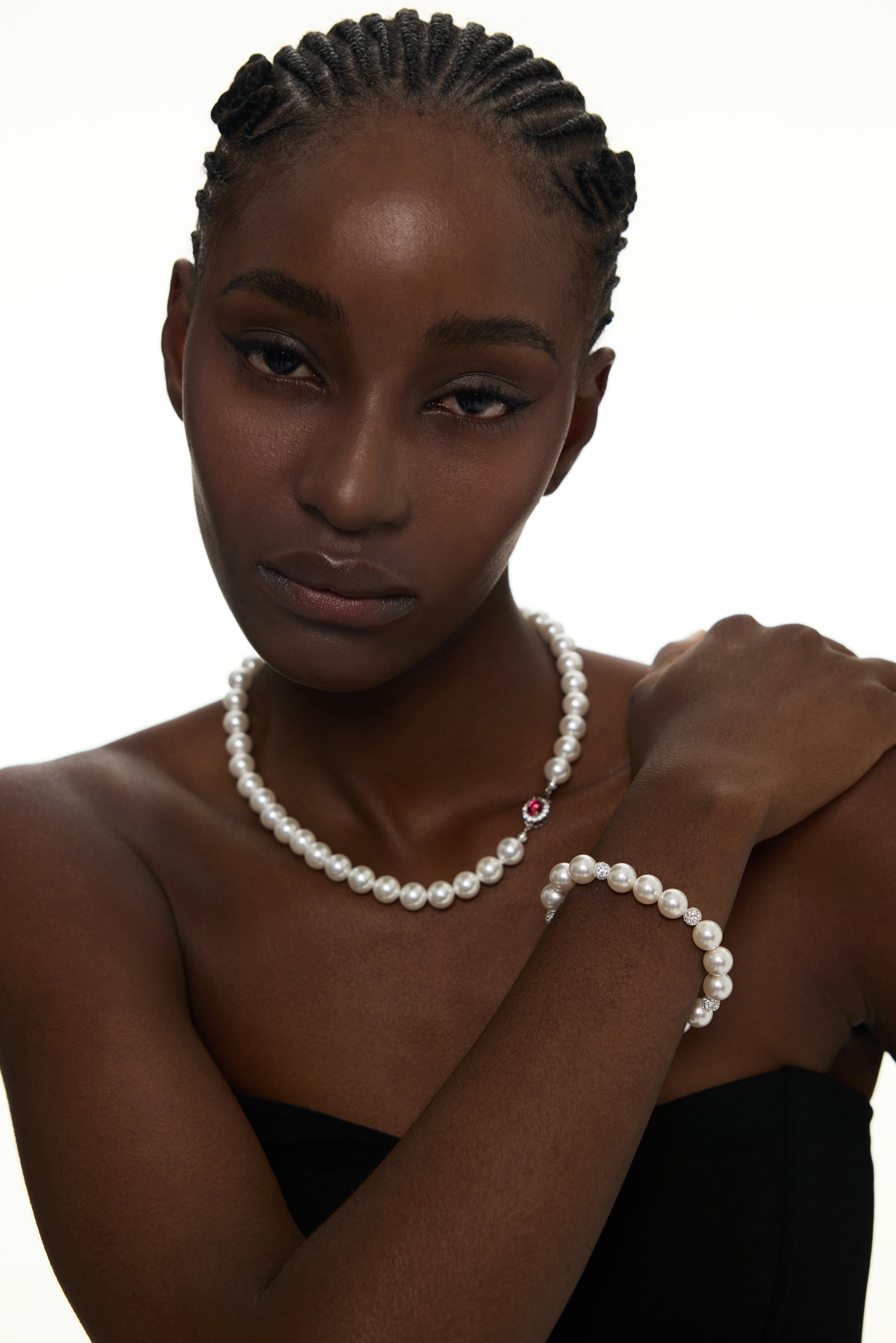 Classic Pearl Necklace with Ruby Accent Clasp