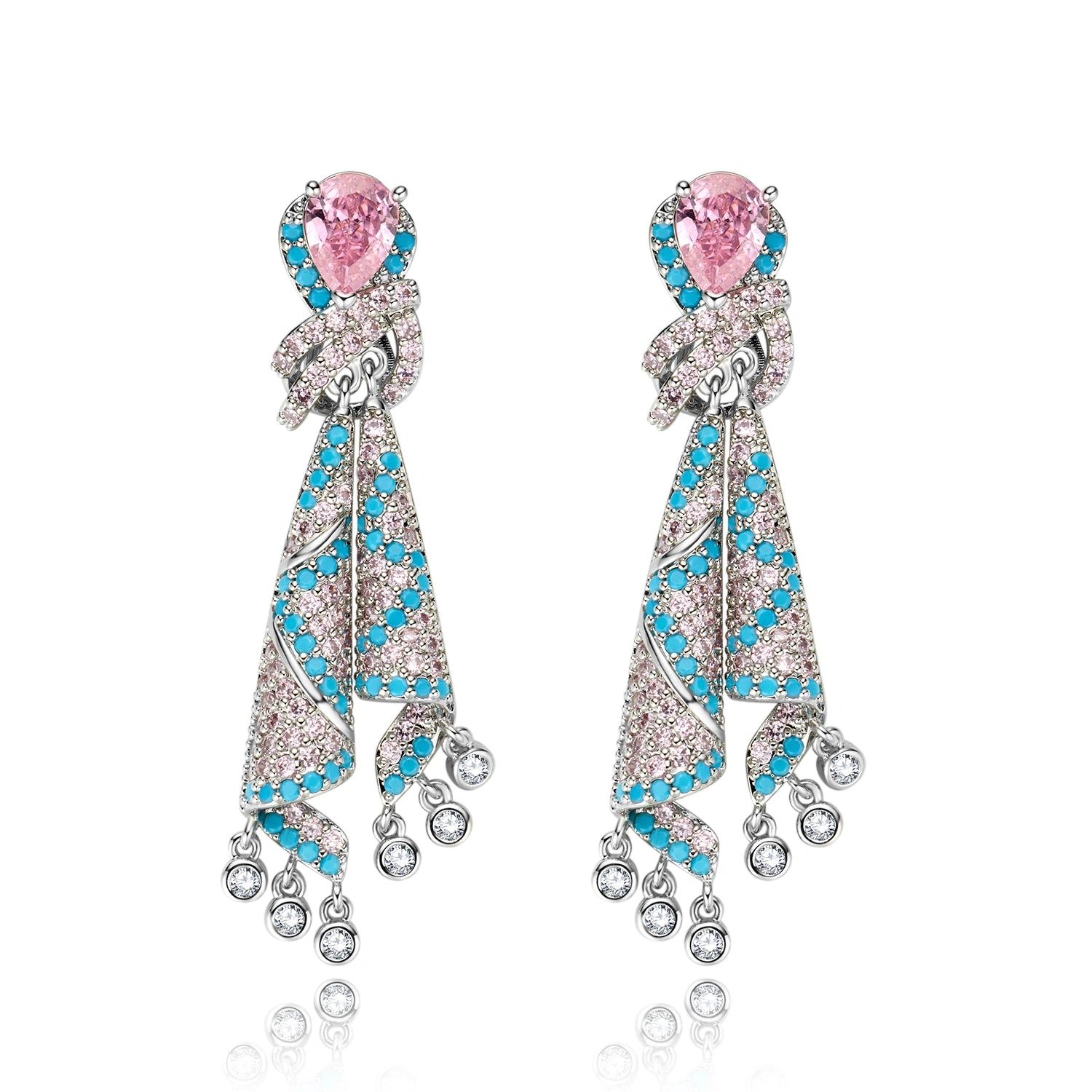 Pink and Turquoise Crystal Ribbon Drop Earrings
