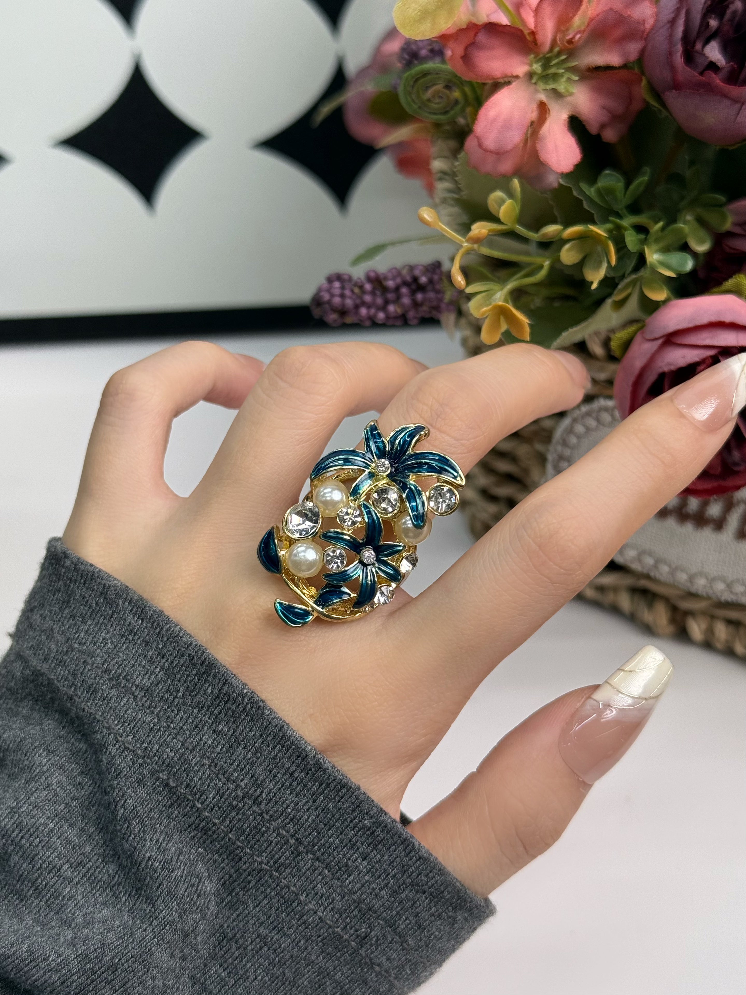 Pearls and Crystals Floral Fantasy Statement Ring
