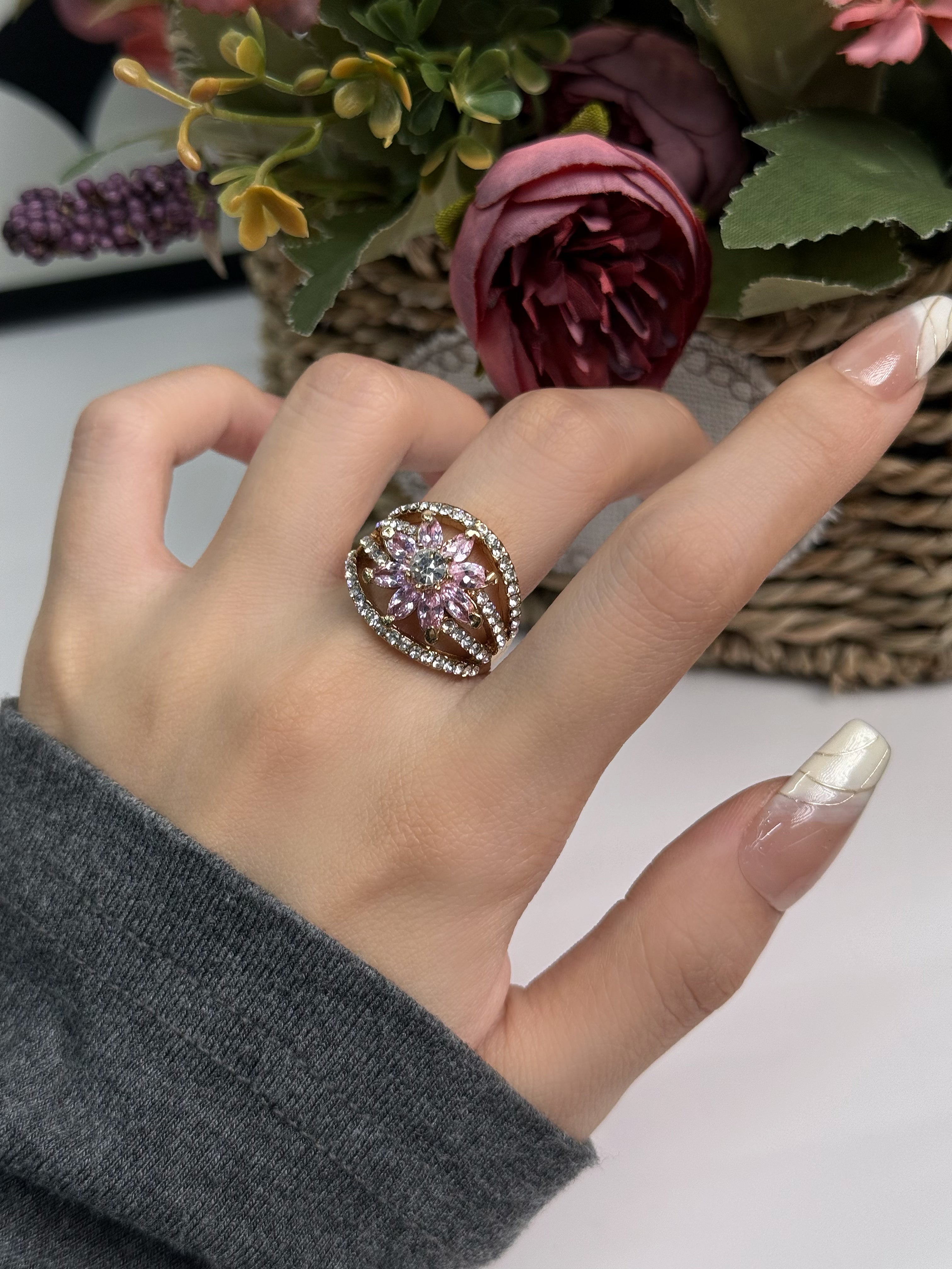 Pink Blossom Crystal Vintage Rings